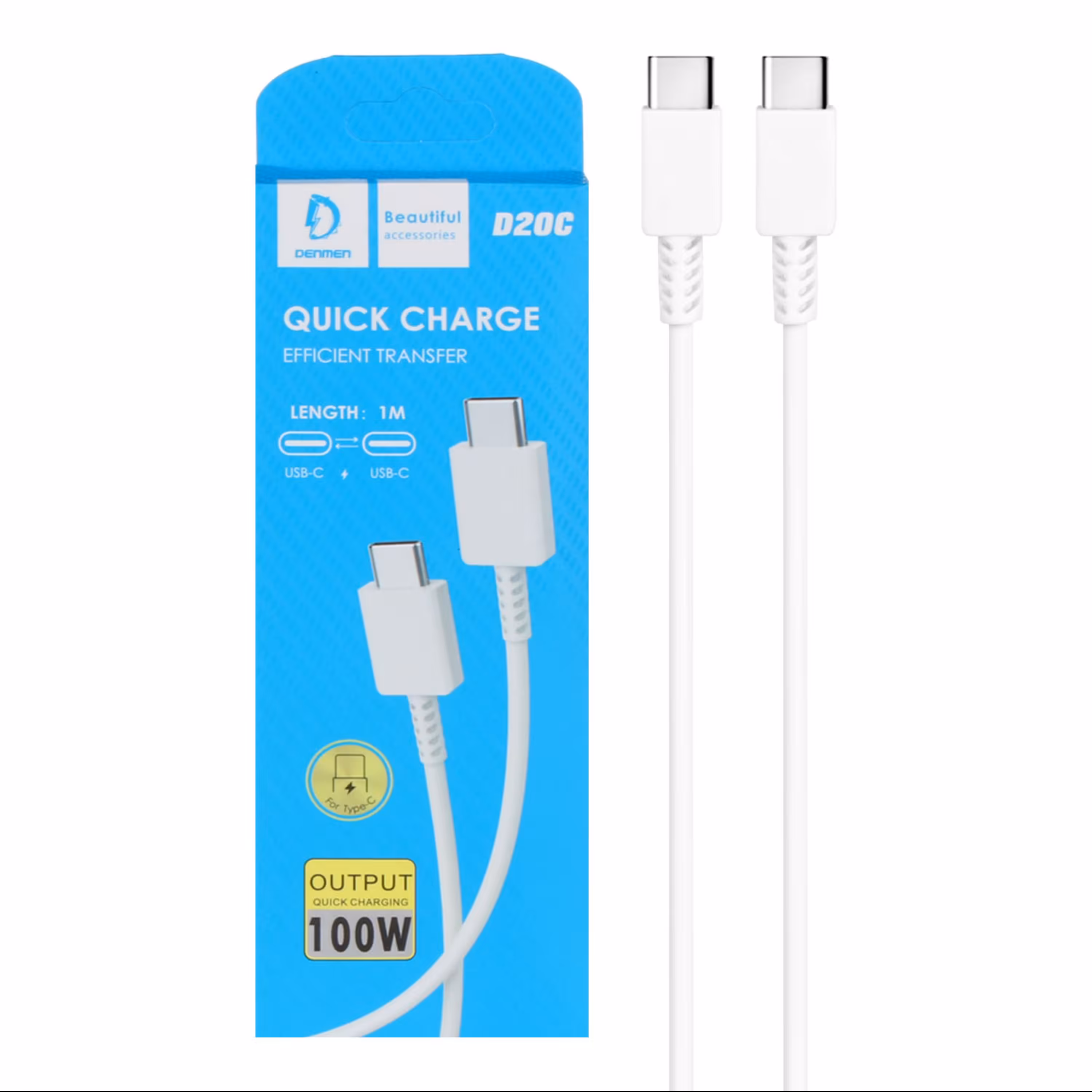کابل شارژ فست DENMEN Type-C to Type-c مدلD20C سفید-CH