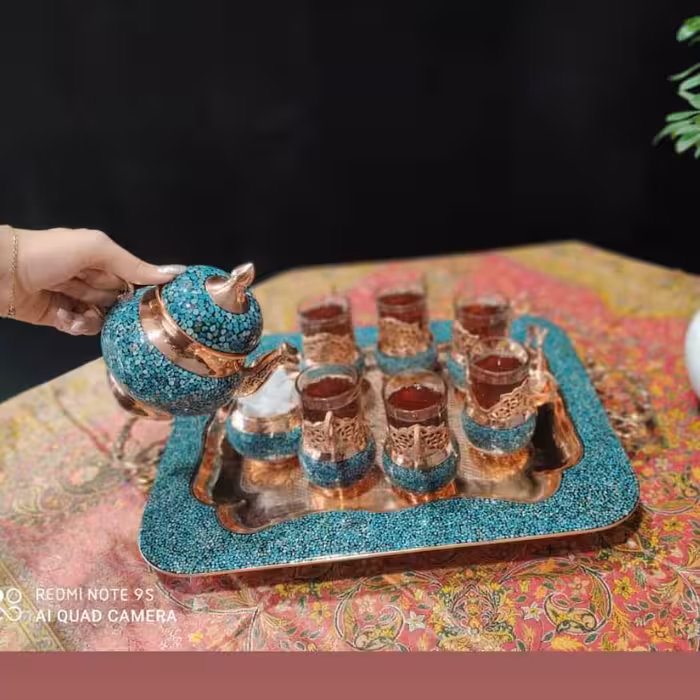 سرویس چایخوری مس وفیروزه آقاجانی 8تیکه