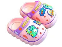 دمپایی رکابدار کراکس بچگانه رنگ صورتی مدل HELLO طرح دایناسور