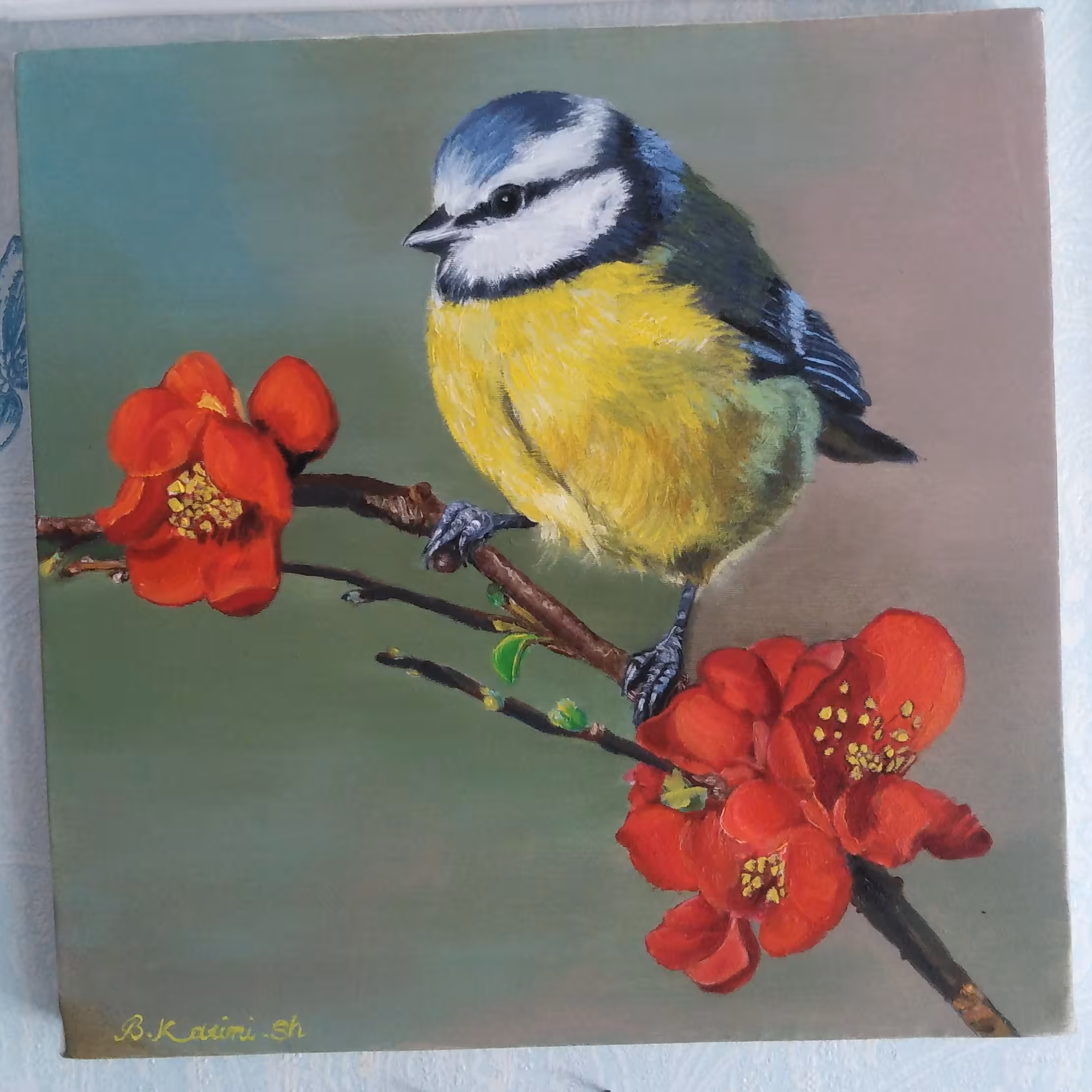 تابلوی نقاشی پرنده (چرخ ریسک) رنگ روغن روی بوم  ابعاد 30 در 30 سانتیمتر