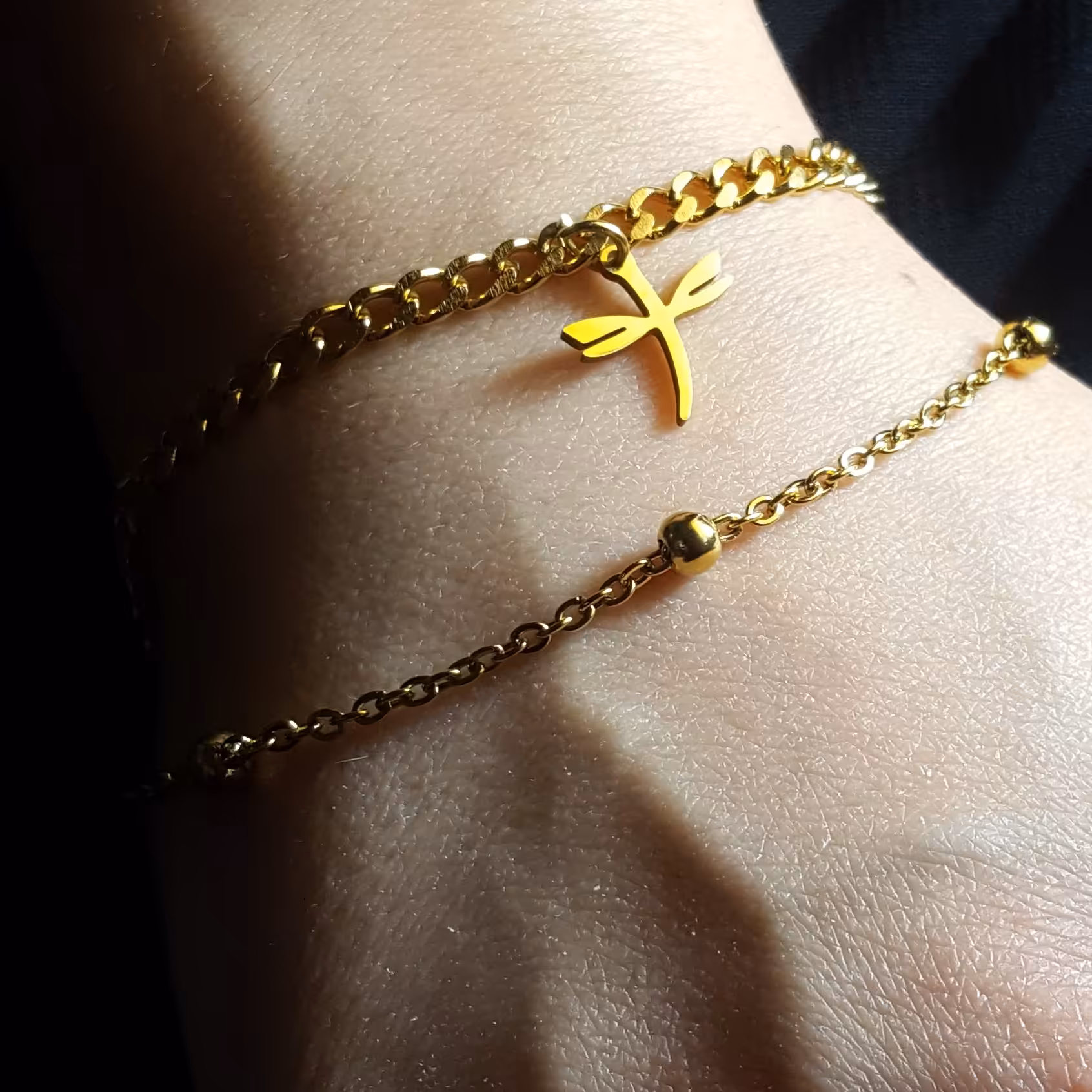 دستبند سنجاقک دو لاین استیل ضد حساسیت روکش طلا رنگ ثابت (311)