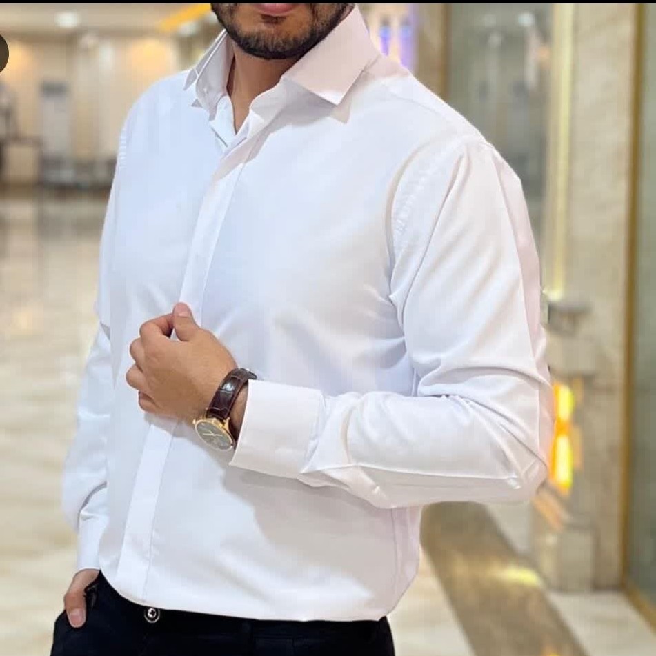 پیراهن مردانه دکمه مخفی دامادی جنس دوشین تایلندی درجه یک