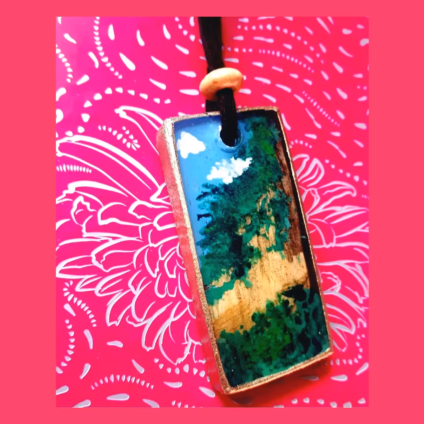 آویز خودرو  یا رومانتویی دست ساز طرح منظره  تلفیقی از  چوب و رزین