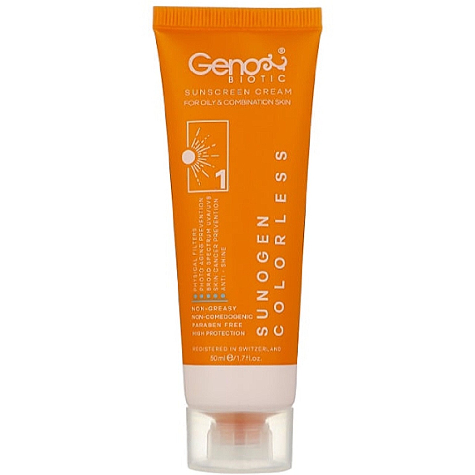 کرم ضد آفتاب ژنوبایوتیک مدل SPF 50 سانوژن مناسب پوست چرب و مختلط اصلی
