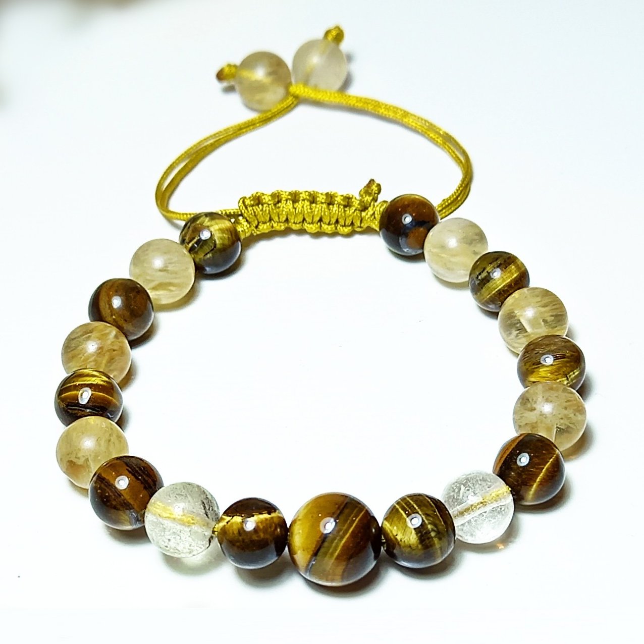 دستبند زنانه و مردانه سنگ چشم ببر قهوه ای و کوارتز  شفاف و سیترین