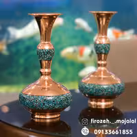 جفت گلدان شلغمی مسی فیروزه کوبی 25 سانتی متر