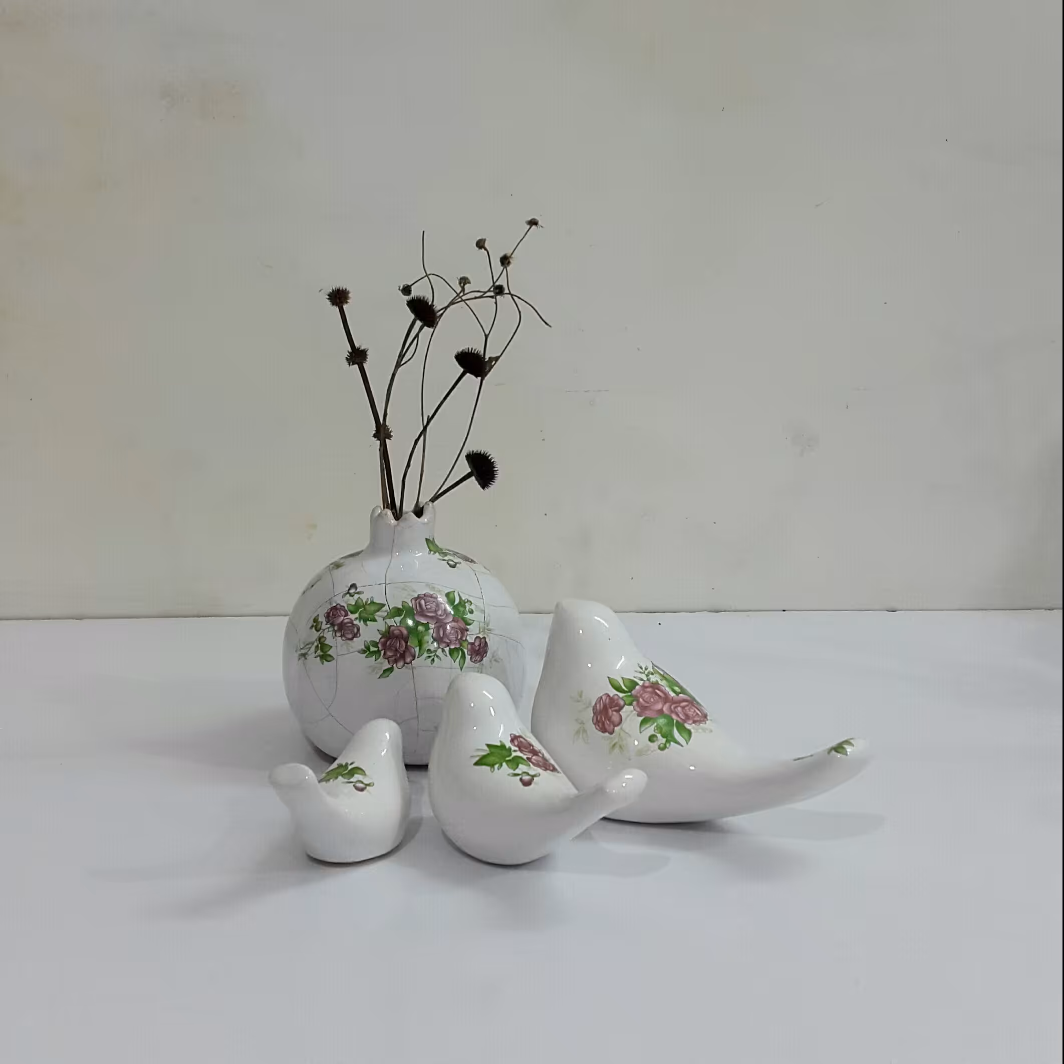 ست پرنده و انار گلسرخی سرامیکی کد 2