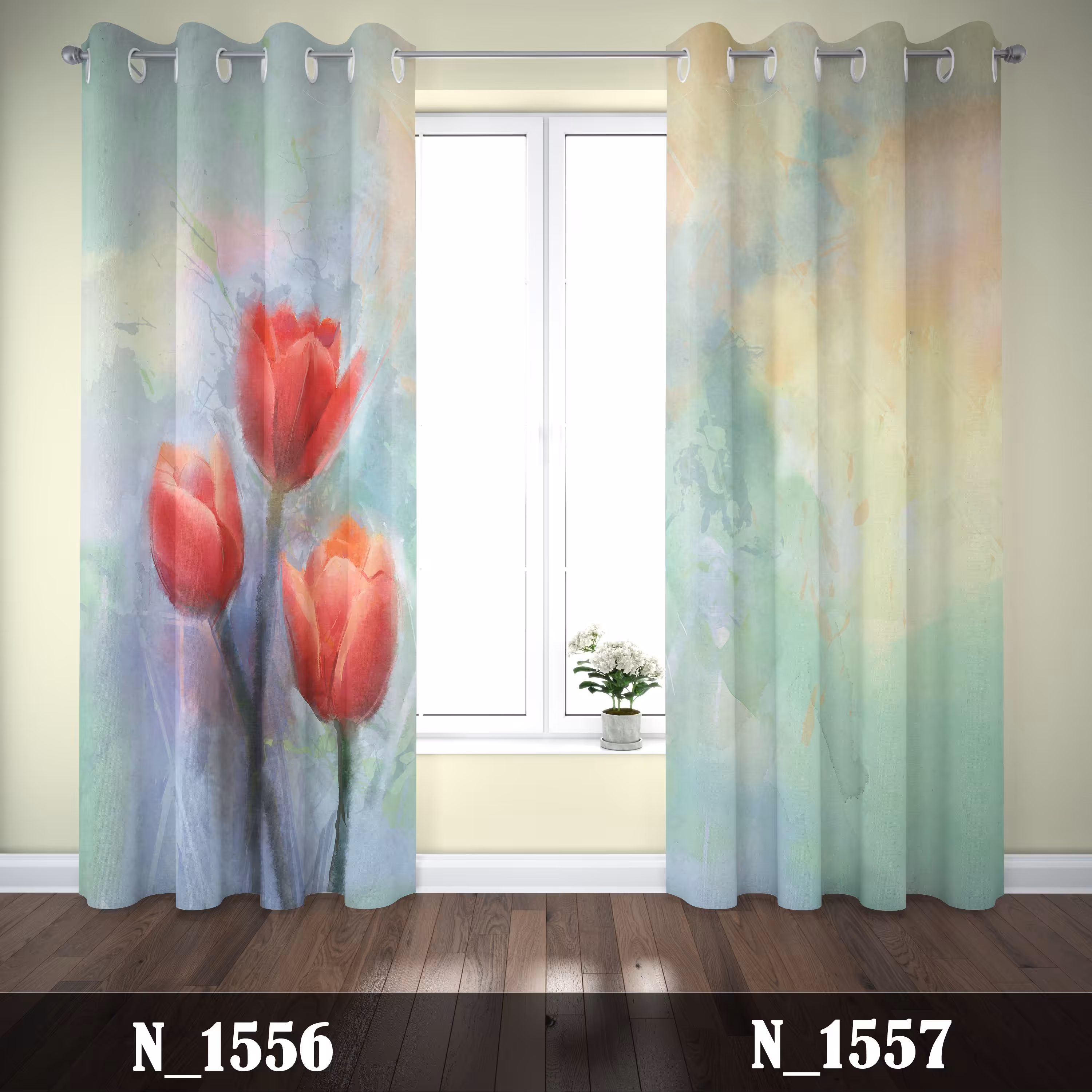 پرده چاپی پانچی طرح گل قرمز آبرنگی 