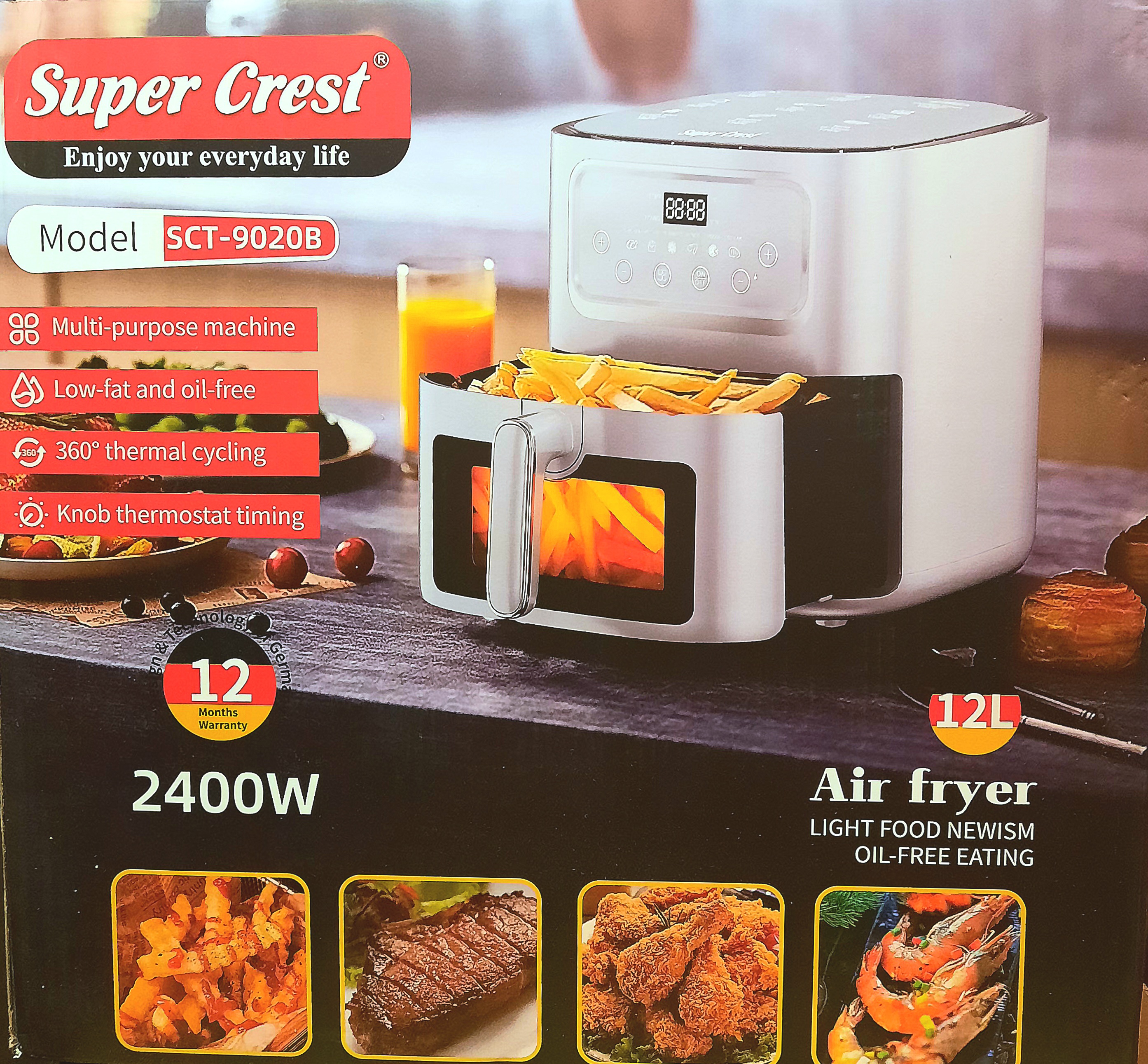 سرخ کن سوپرکرست سفید(پرداخت درمحل) (جلوشیشه)مدل SCT-9020ظرفیت12 لیتر دورنگ سفید و مشکی