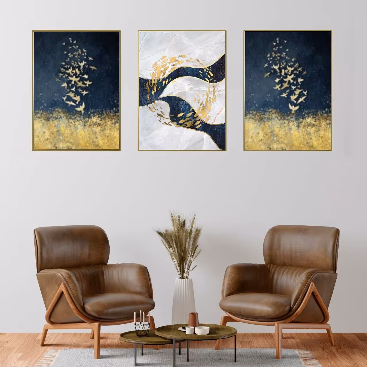 تابلو دکوراتیو فانتزی ماهی وپرنده طلایی وآبی سه تکه 