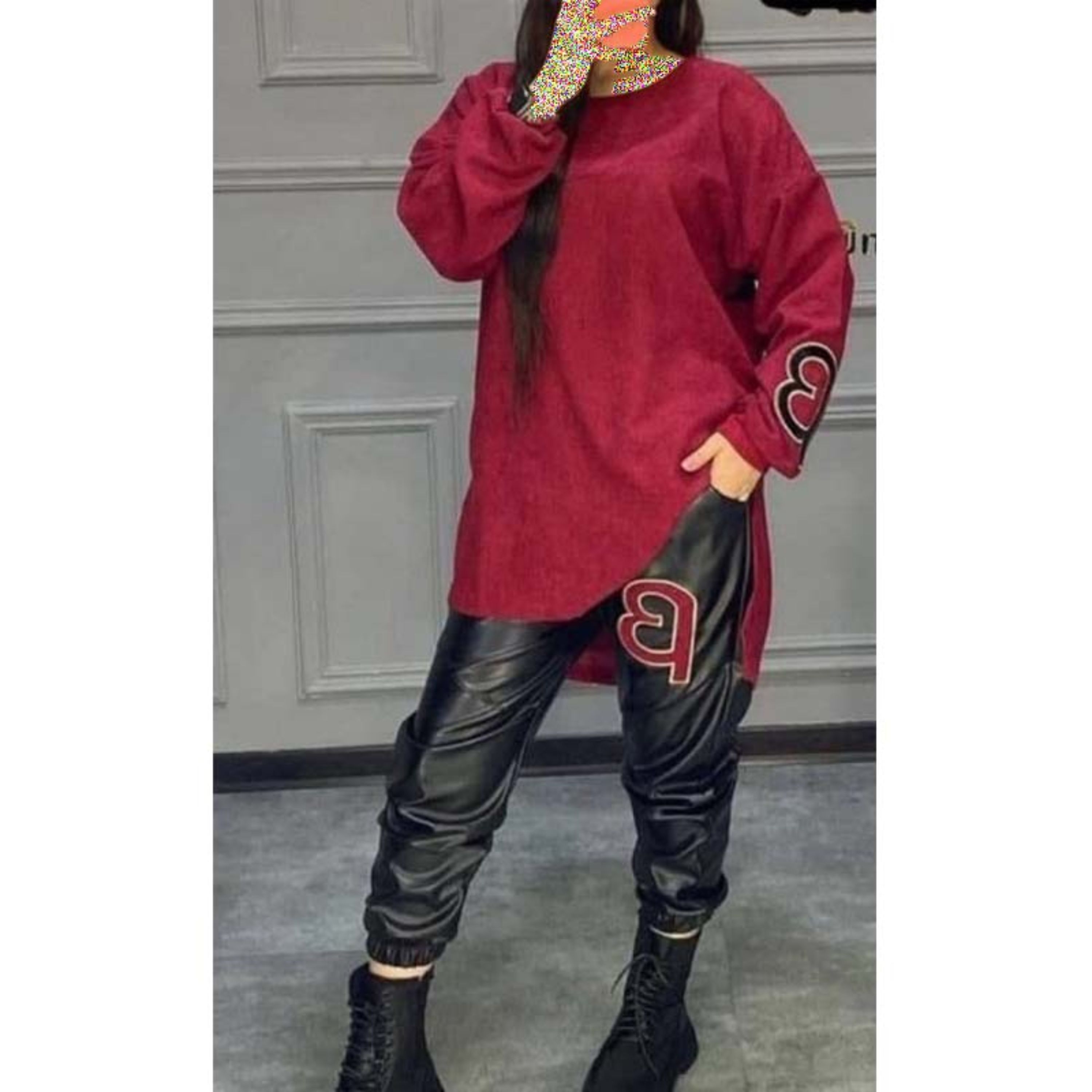 بلوز شلوار ست مخمل کبریتی و شلوار چرم اعلا دخترانه و زنانه مناسب سایز 38 تا حدود 46