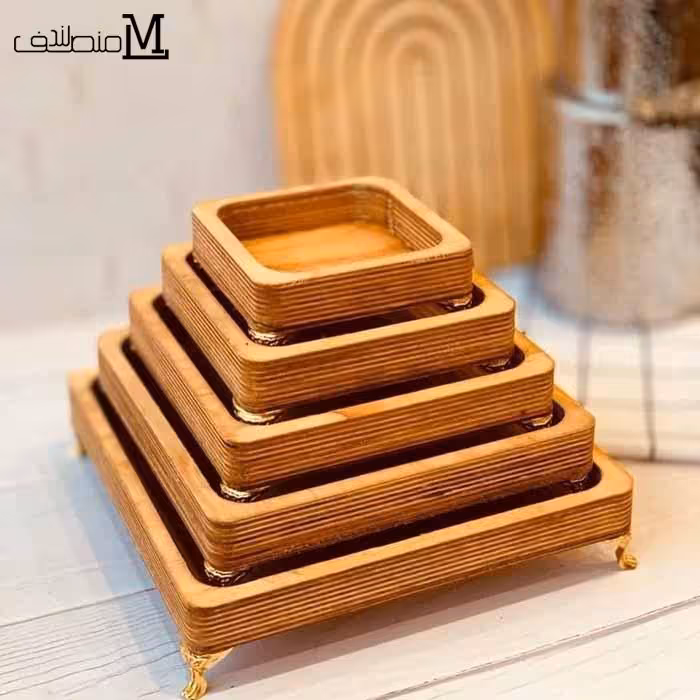 سینی سرو 5 تیکه چوبی مربع پایه دار