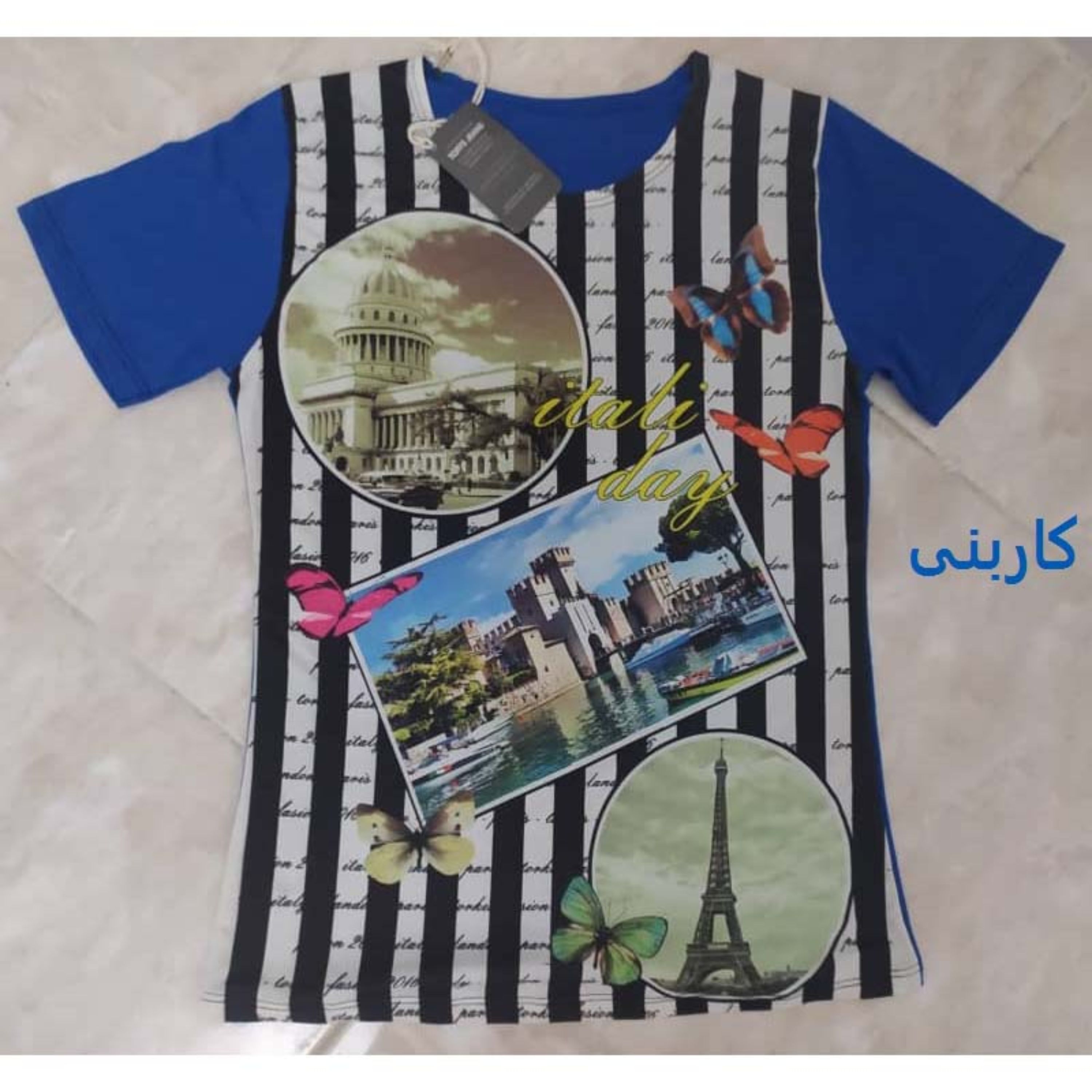 تیشرت نخی طرح ایفل پشت ساده دارای رنگبندی مناسب سایز 36 تا حدود 42