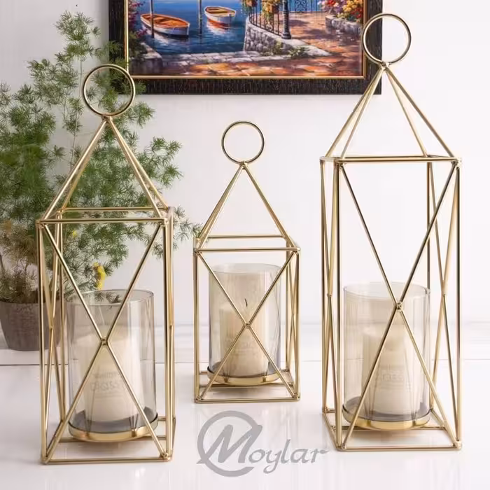 شمعدان 3 سایز  مدل فانوس طلایی و نقره ای