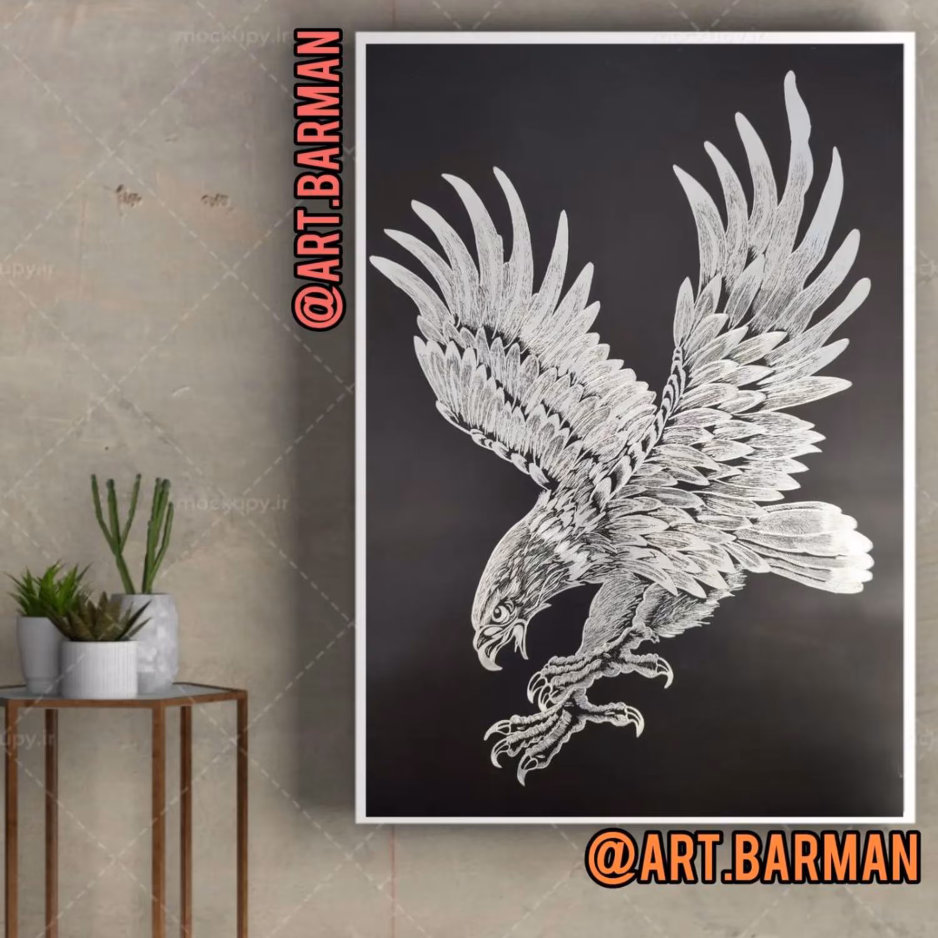 تابلو خراش روی فلز طرح عقاب