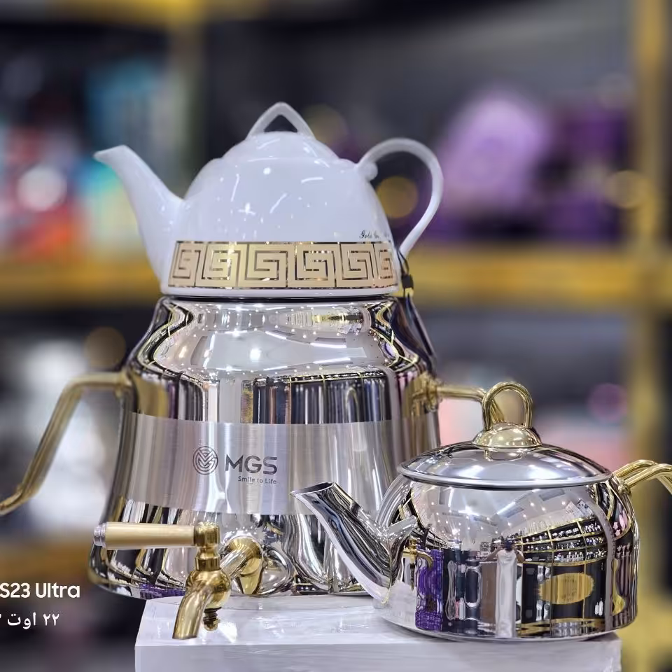 کتری و قوری MGS  مدل دو قوری استیل و چینی   کتری و قوری ام جی اس