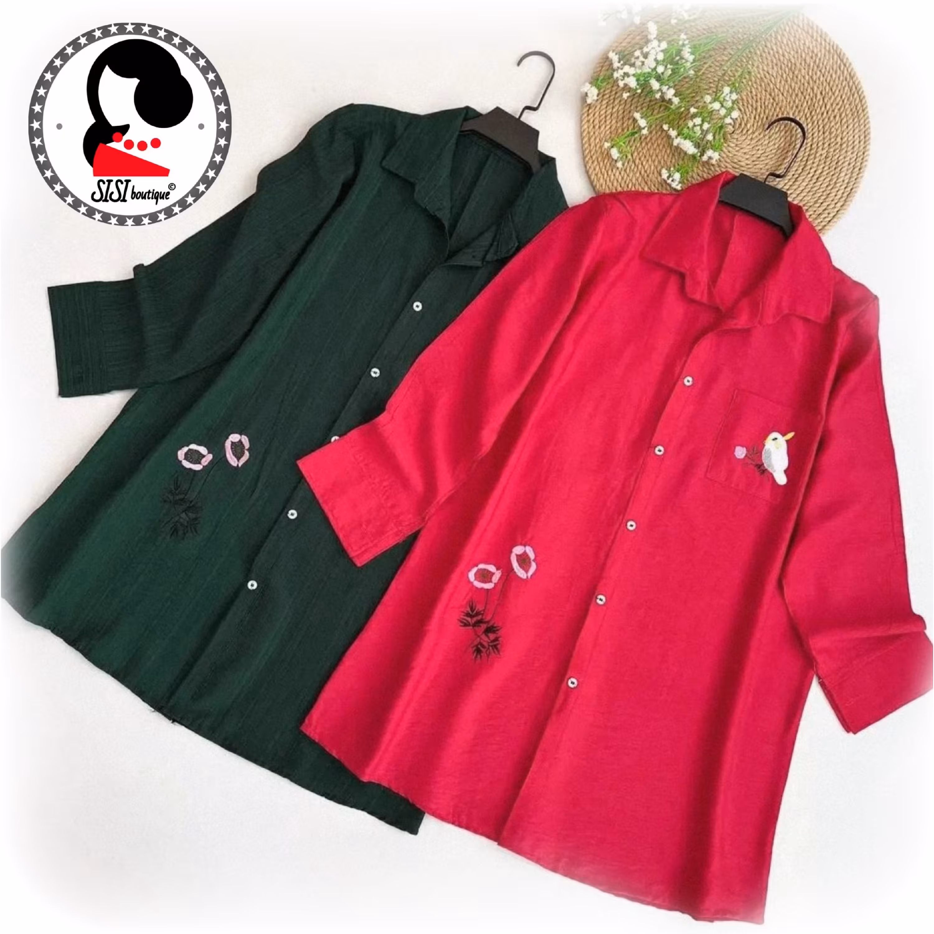 شومیز مانتویی گلدوزی طرح گل و طوطی