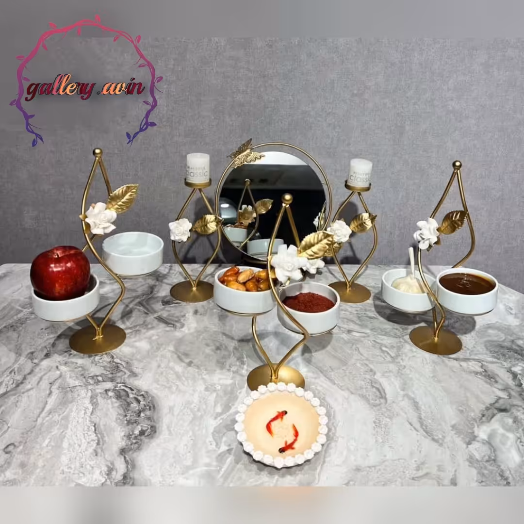 هفت سین و آینه پیاله چینی طلایی گل چینی 