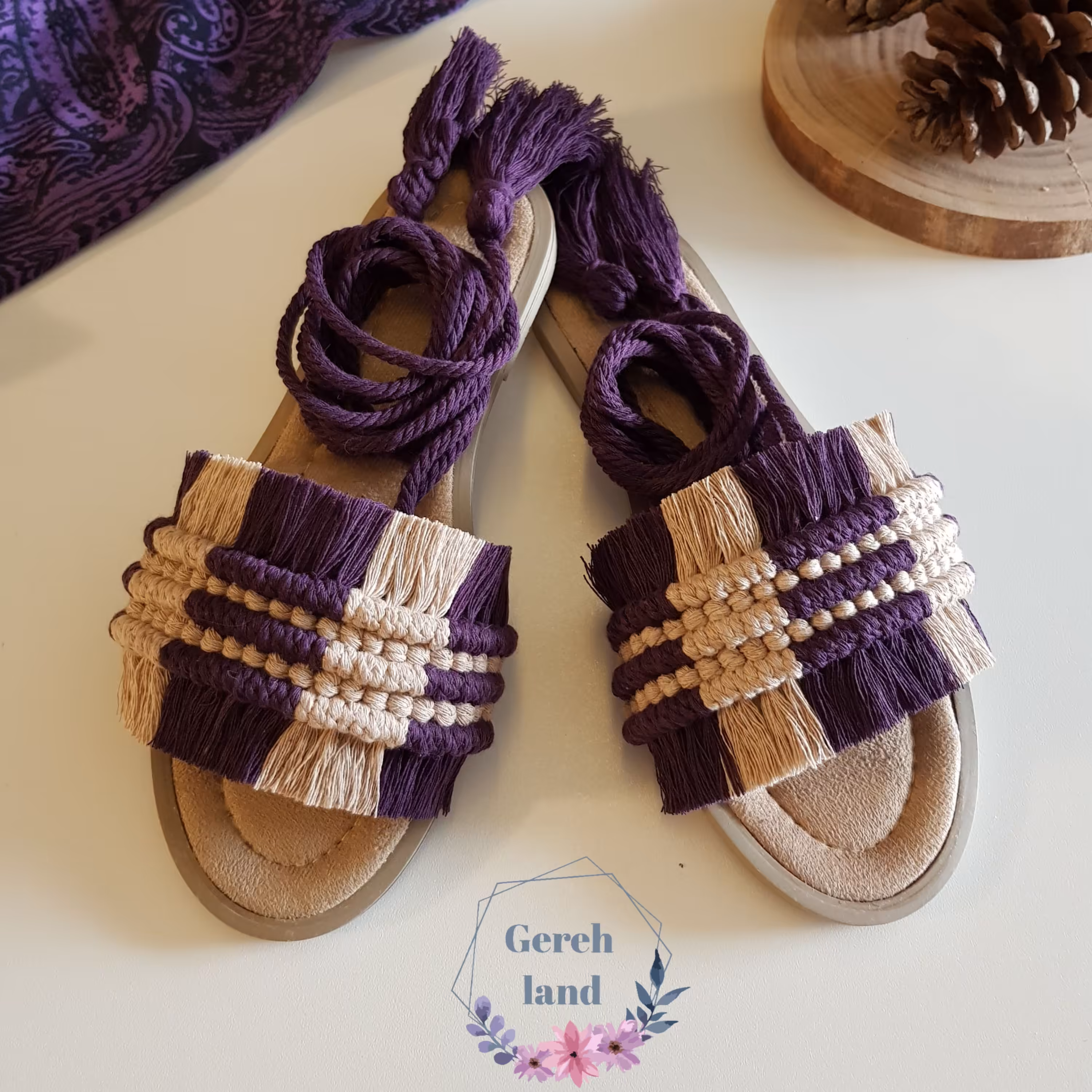 صندل مکرومه بنددار بنفش