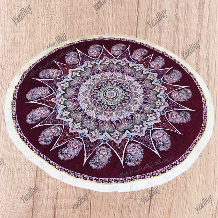 روفرشی مخمل زرکدار گرد طرح خورشیدی رنگ زرشکی (قطر 2 متر)