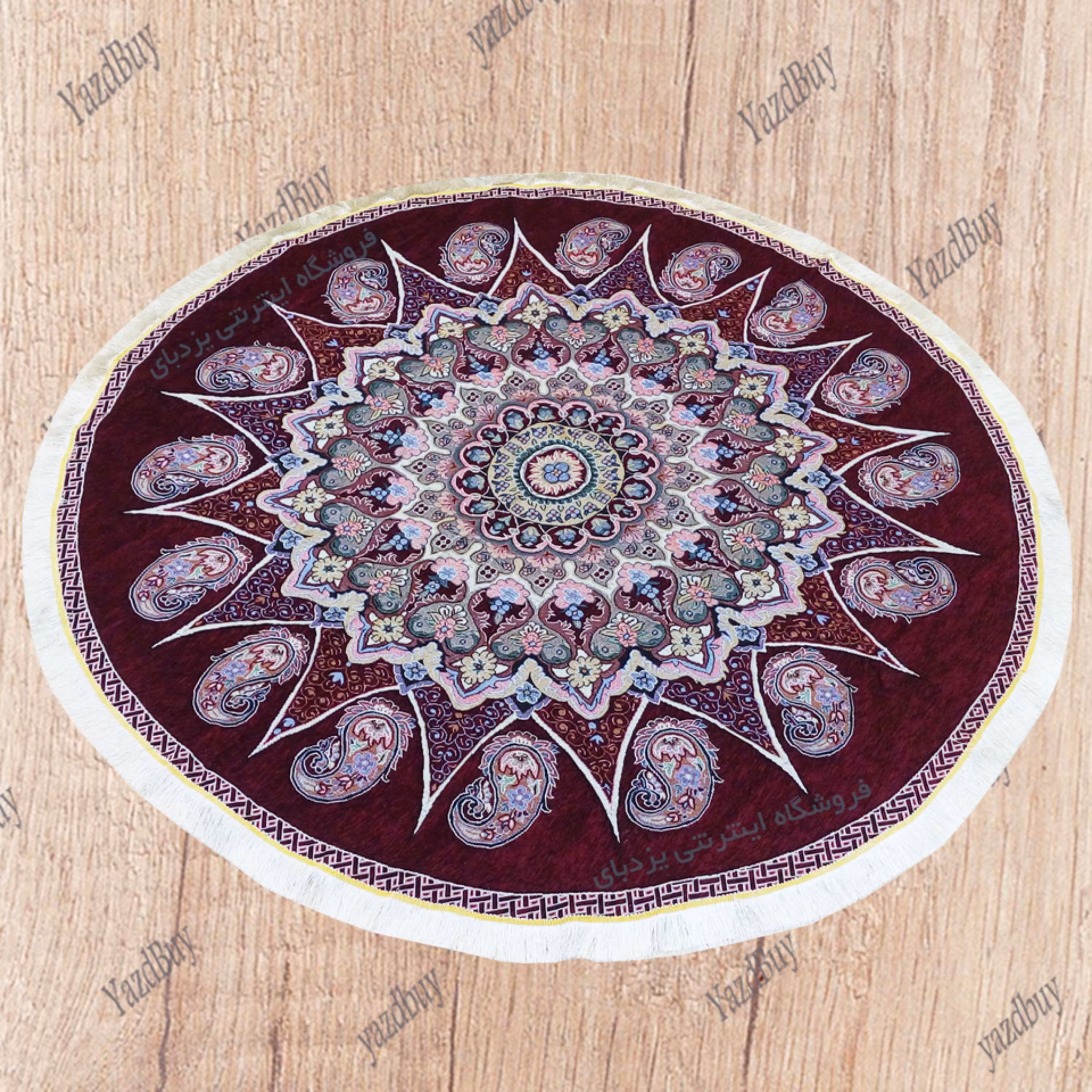 روفرشی مخمل زرکدار گرد طرح خورشیدی رنگ زرشکی (قطر 2 متر)