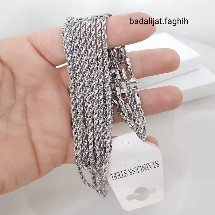 زنجیر طنابی طرح طلا  استیل درجه یک کاملا رنگ ثابت با آبکاری طلا سفید 