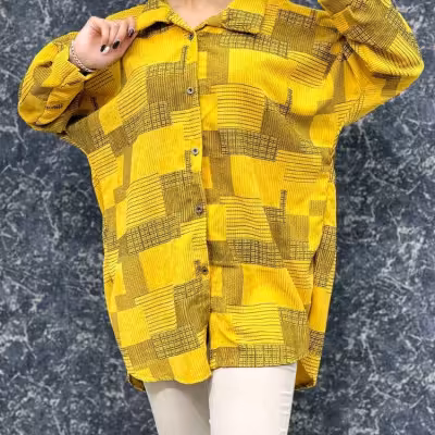 شومیز مانتویی مخمل کبریتی طرح دار دو مربع