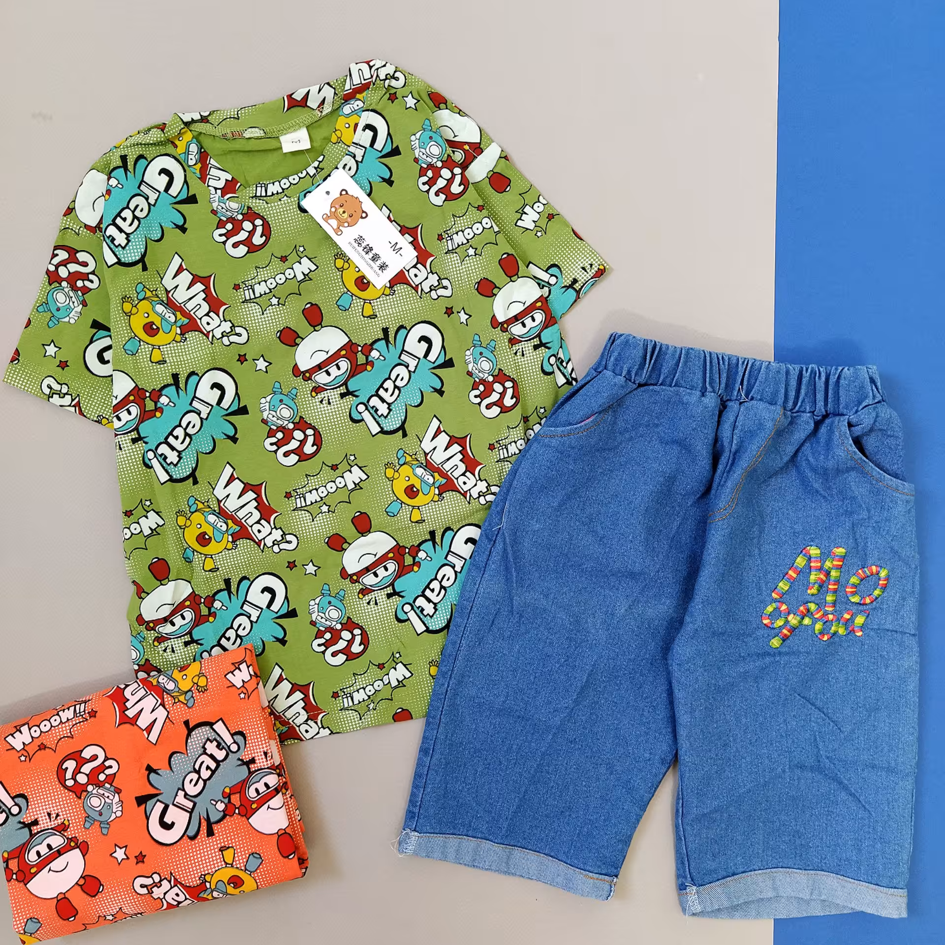 تیشرت شلوارک وارداتی کیفیت عالی شلوارک جین تیشرت نخ پنبه لاکرا مناسب پسر و دختره چون‌که کار اسپرت 