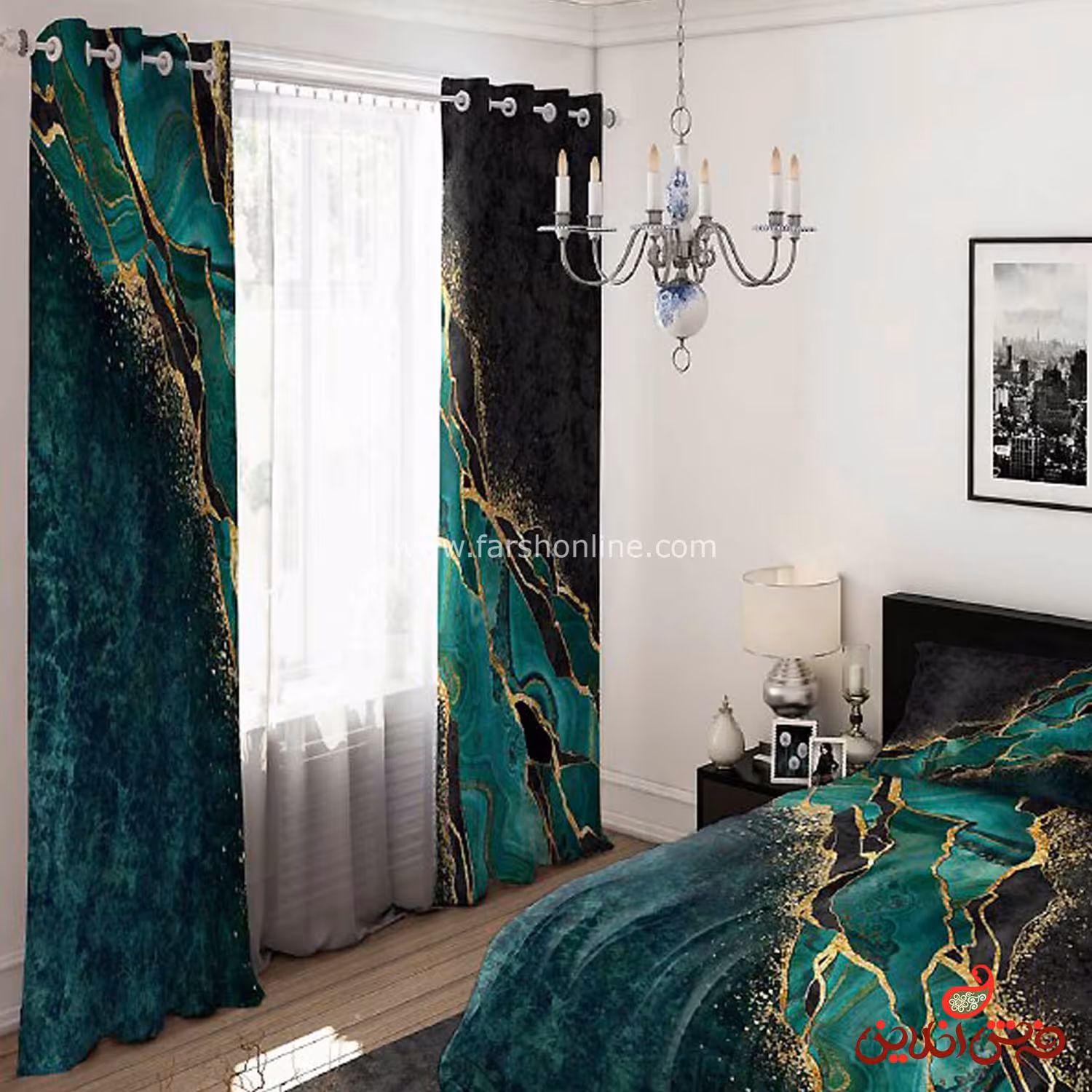 پرده 2 عددی کد 15569/1 طرح سنگ مرمر سبز