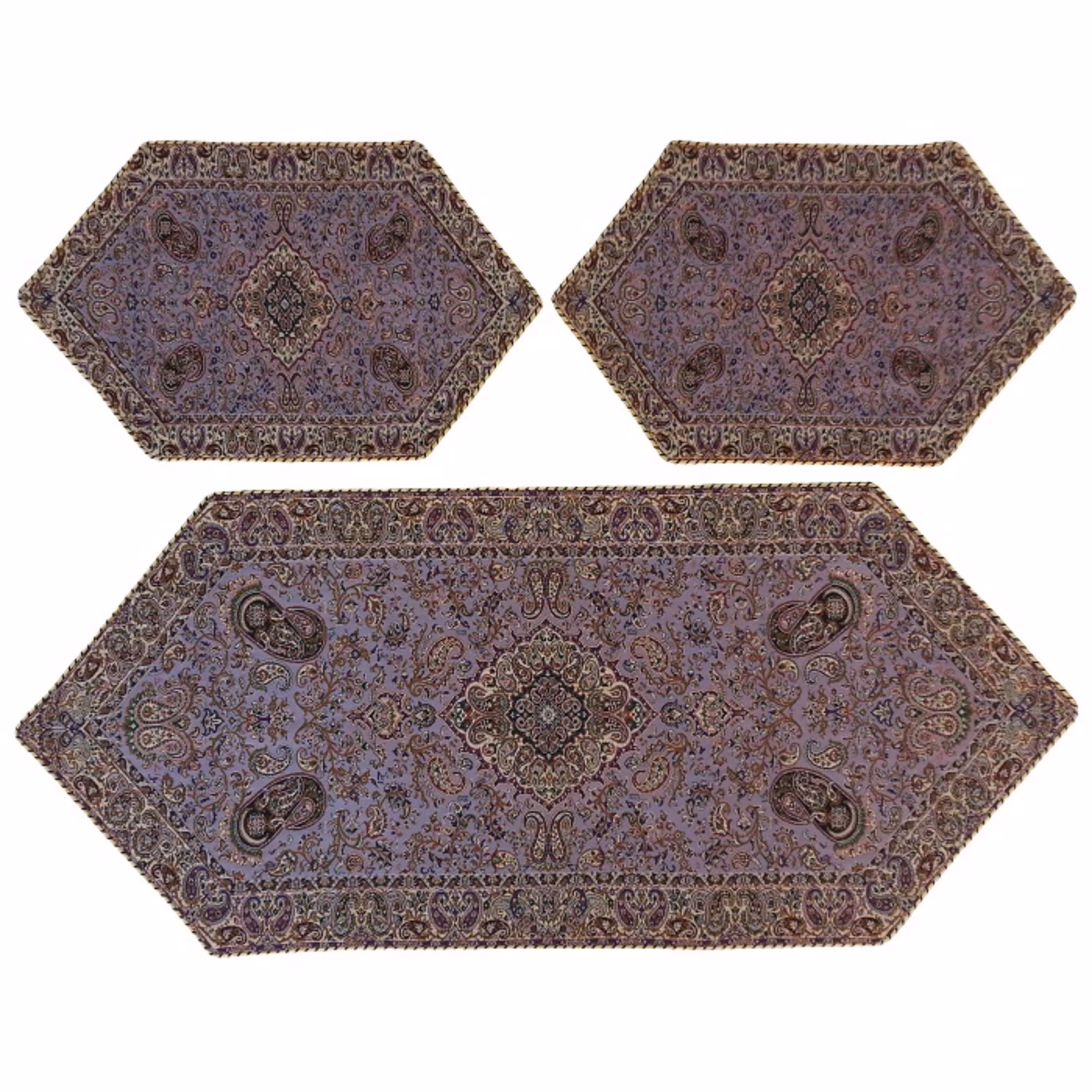 رومیزی سرویس ترمه ابریشم  کد TRSETE28  نفیس  رنگ یاسی  آستر یاسی