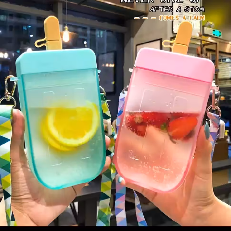 قمقمه نی دار طرح بستنی ،بند دار ،حجم 300میل ،موجود در دورنگ آبی و صورتی 