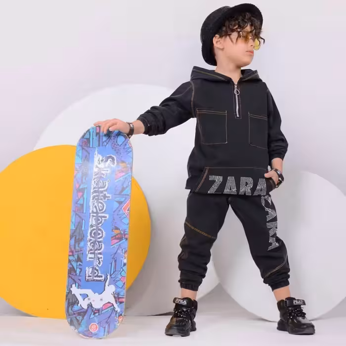 ست هودی شلوار جین ذغالی زارا،،شیک وخاص ولاکچری سایزبندی 40تا50 مناسب2 ونیم تا 7سال