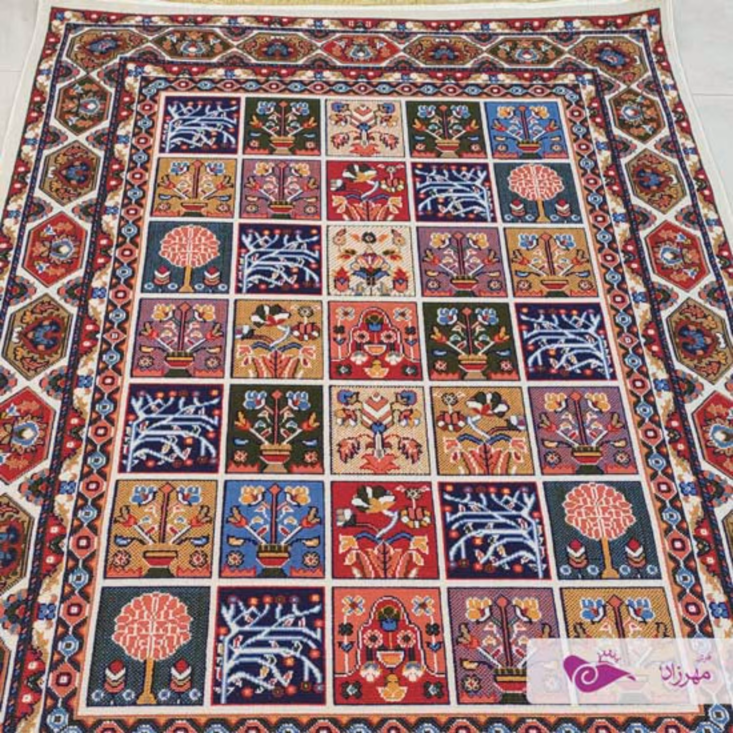 گلیم ماشینی 6 متری طرح خشتی کرم