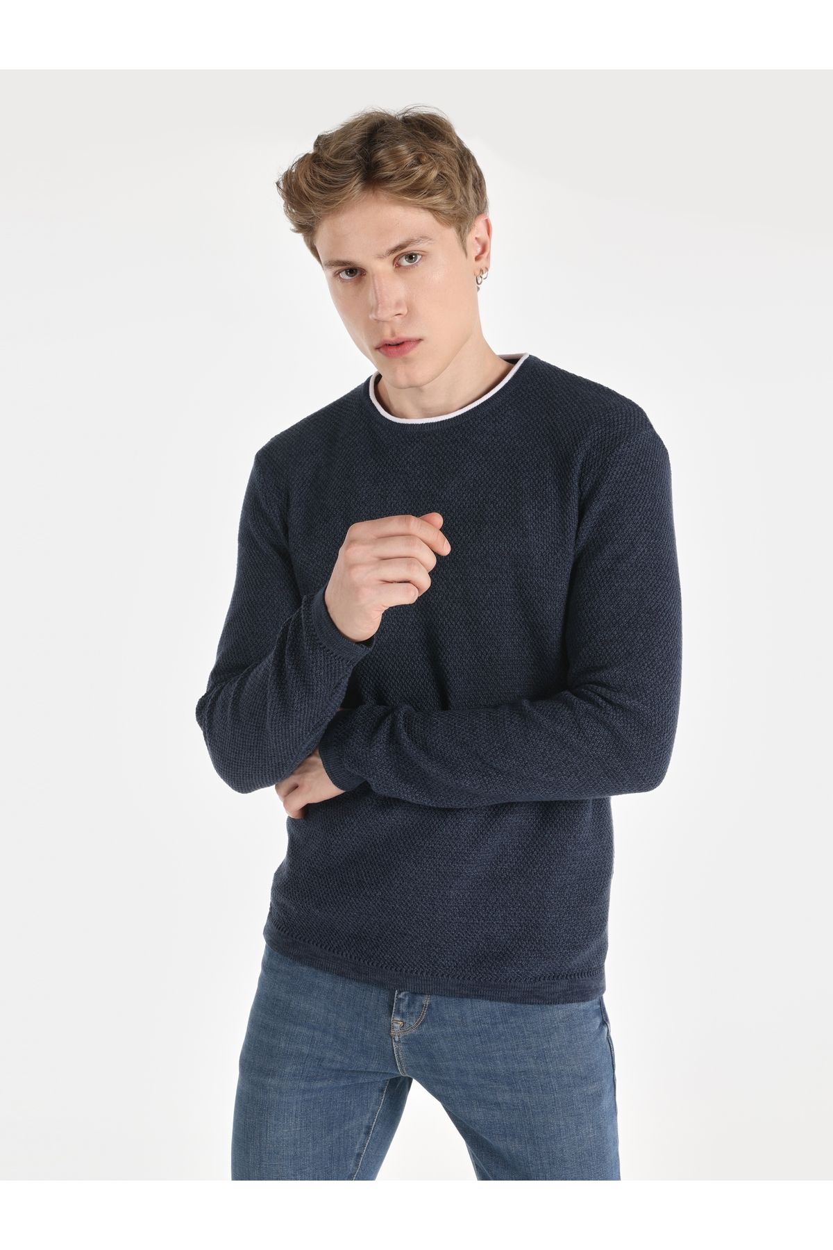 پلیور آبی مردانه یقه دوچرخه Slim Fit ژاکت اصلی Colin’s