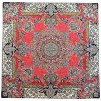 رومیزی مربع ترمه ابریشم کد TRM152 نفیس رنگ قرمز کم رنگ آستر زرشکی مغزی دوزی