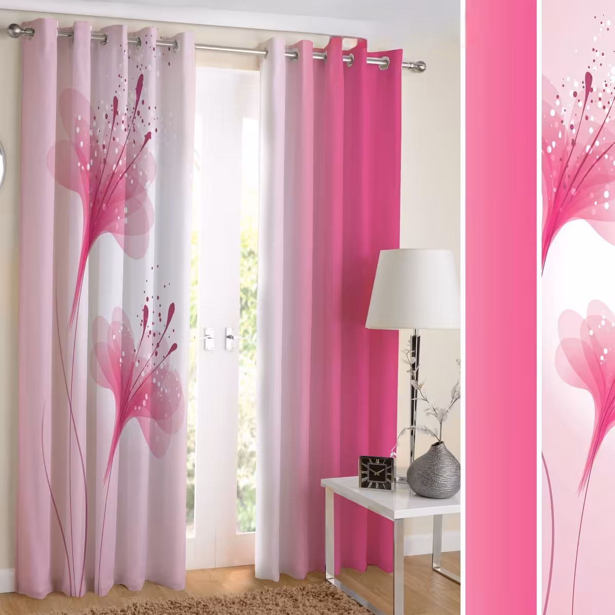 پرده چاپی طرح گل صورتی