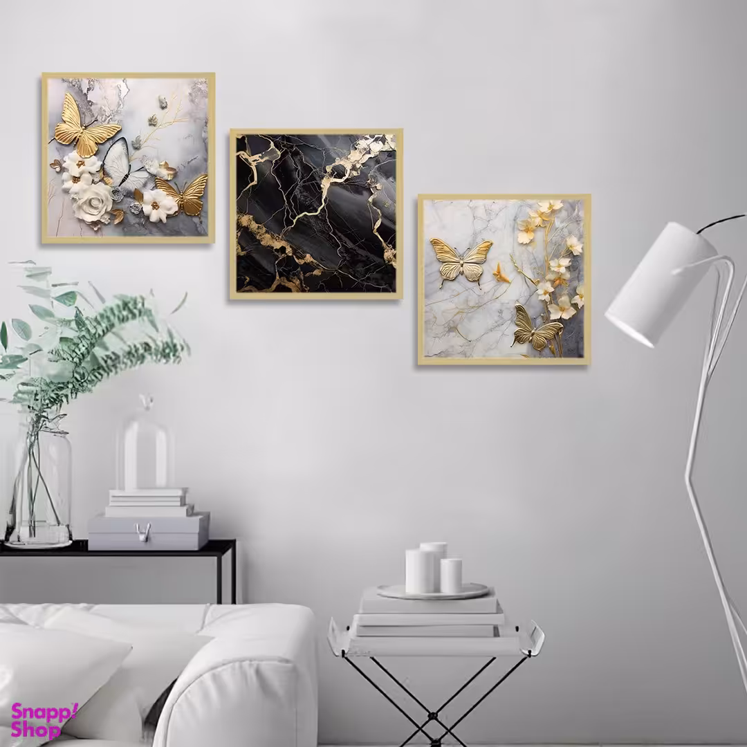 تابلو بکلیت طرح رزین گل و پروانه طلایی مدل BE-1296 مجموعه 3 عددی