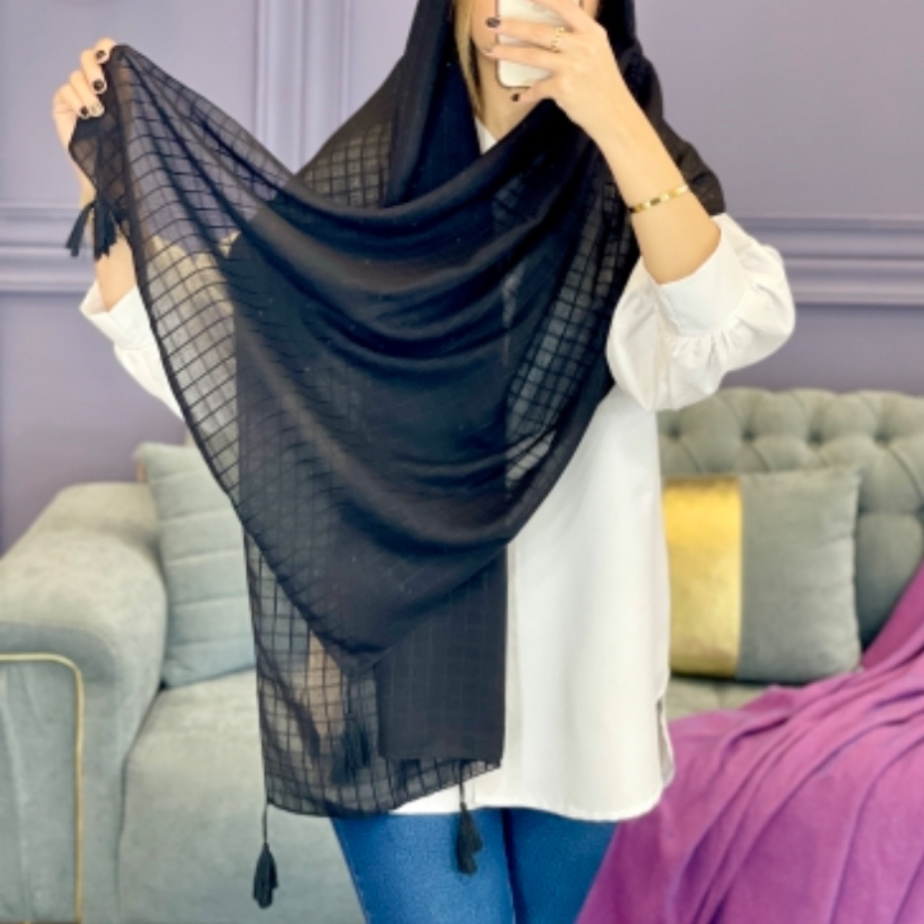 شال نخی ژاکارد منگوله دار کد 7804 با ابعاد 2در 75 و تک رنگ