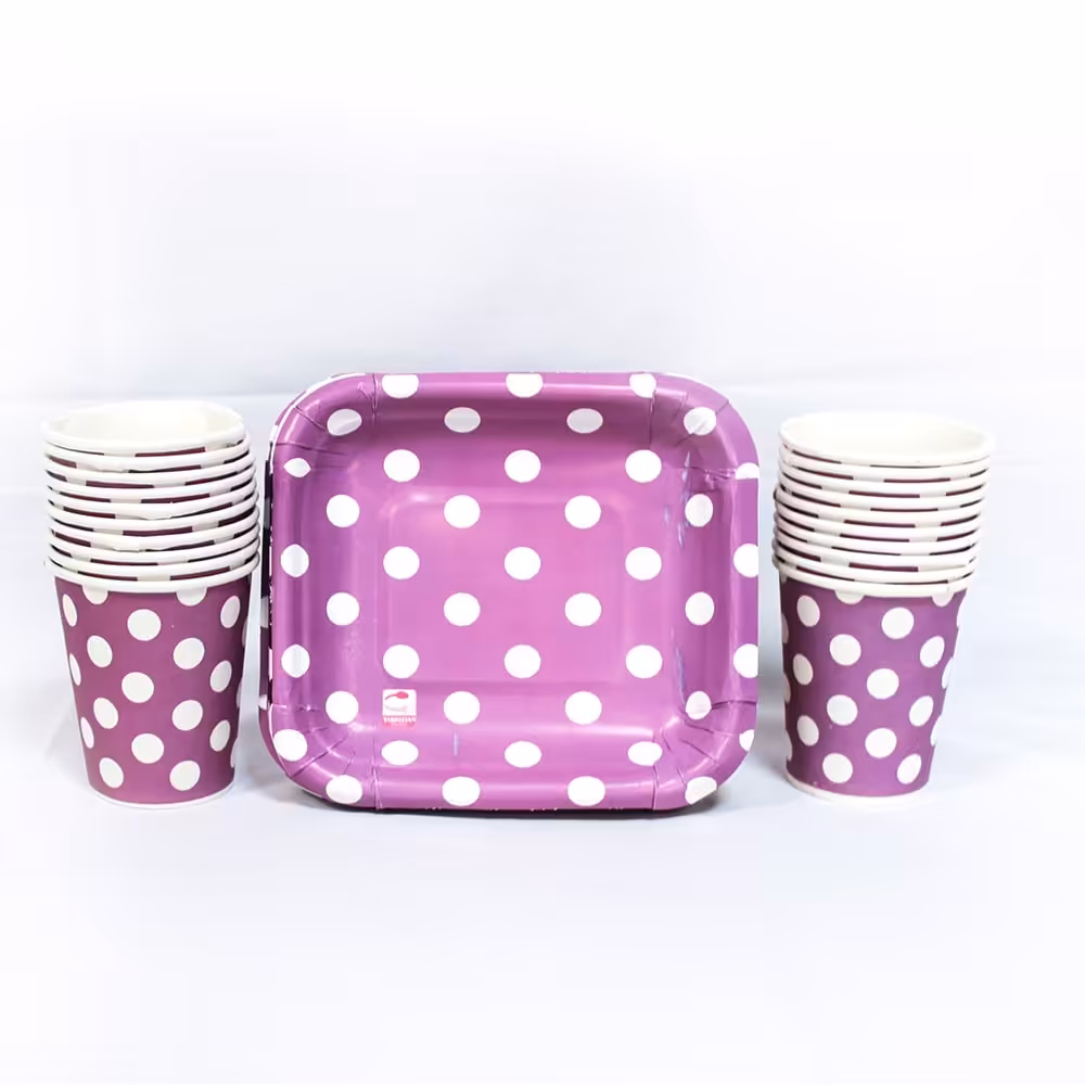 بشقاب و لیوان تم خالدار بنفش سفید (بشقاب 12 عدد لیوان 12 عدد)