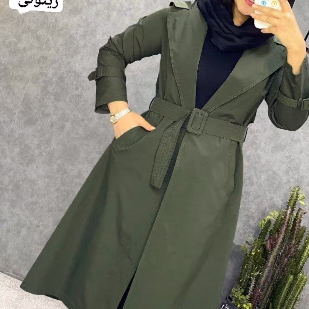 مانتو  بارانی زنانه جنس مموری درجه یک ساده کمربند دار 