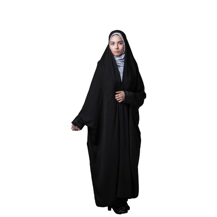 چادر دانشجویی مجلسی کرپ حریر الأسود کره ای سایز 165 ( چادر مشکی مچ دار همان مچ نگین)