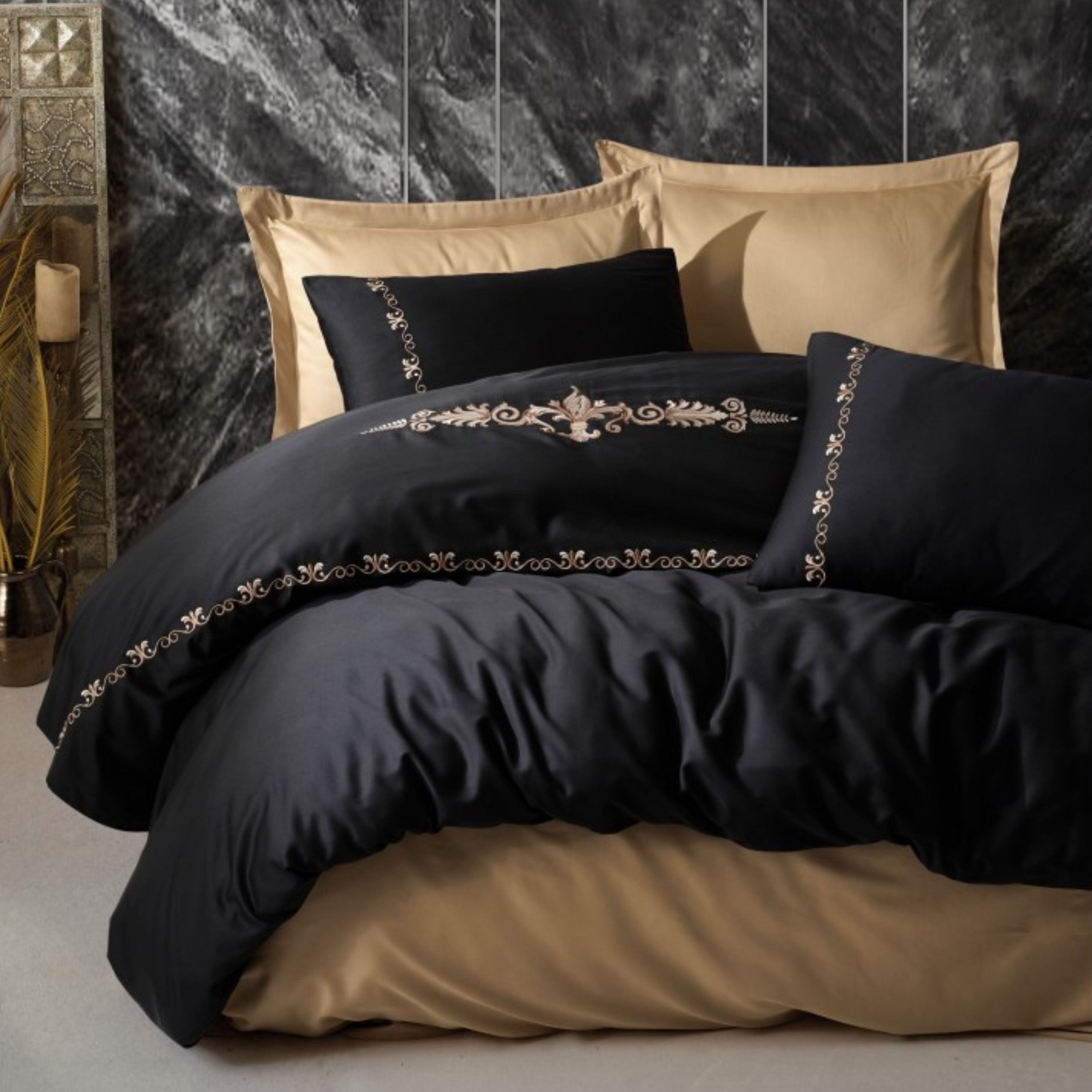 ست ملحفه کاتن باکس مدل Brode Saten Gloria Gold دو نفره 6 تکه