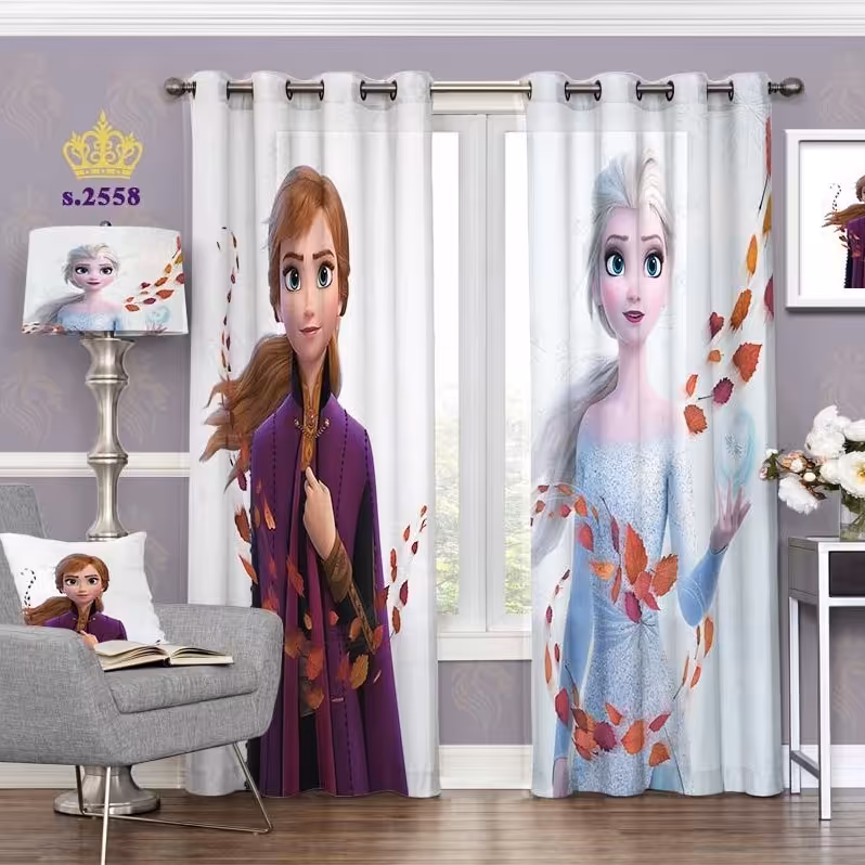 پرده اتاق خواب دخترانه دو قواره طرح کارتونی انیمیشن فروزن کد S2558