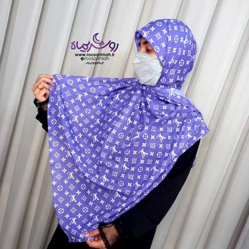 روسری بنفش طرح ال وی دور دوخت روی سر کاملا گرد و صاف وایسمیته منگوله دار 