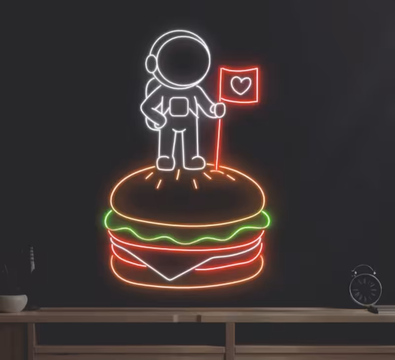 تابلو نئون فلکسی همبرگر فضانورد فست فود