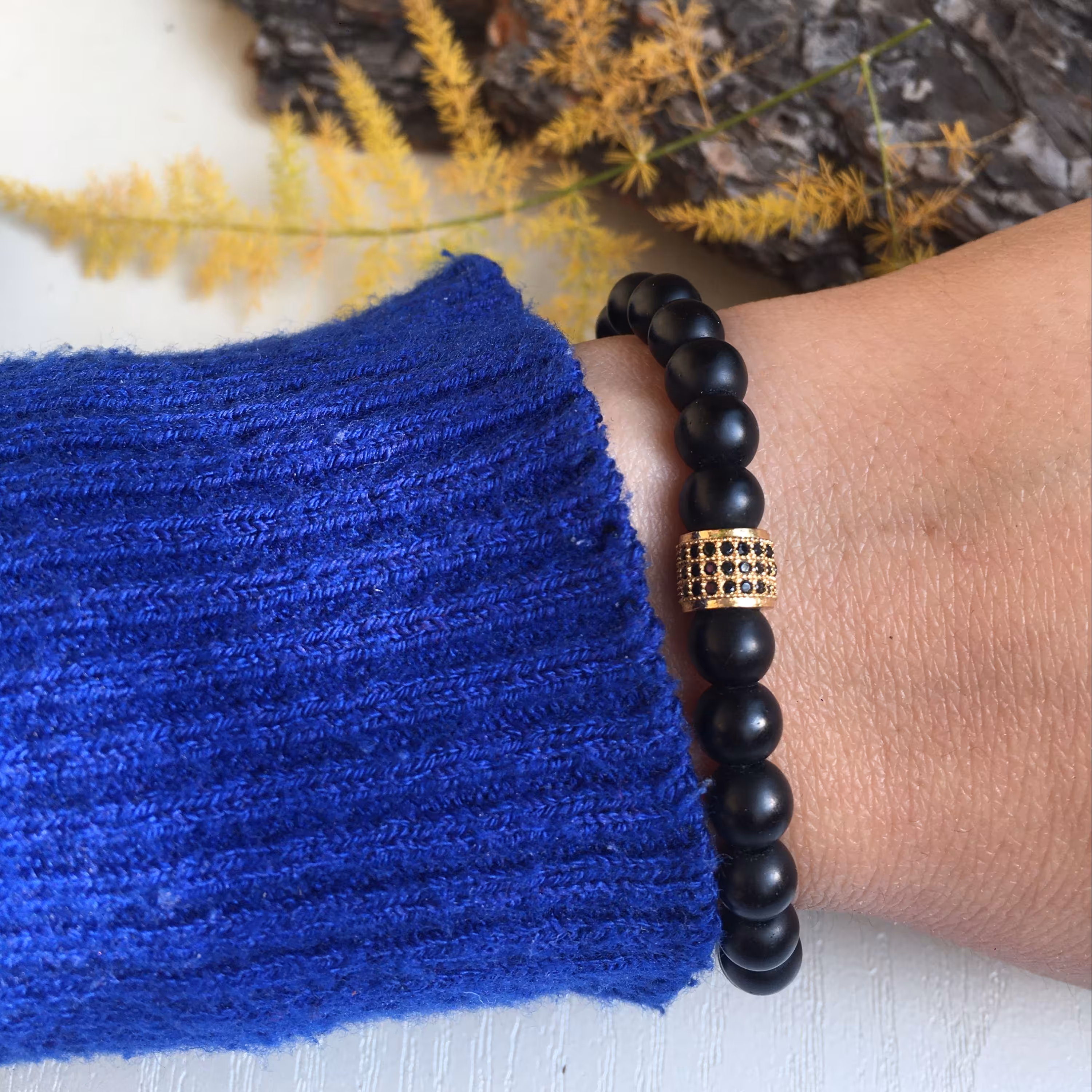 دستبند تلفیقی از پلاک نگین دار سنگ اونیکس مات