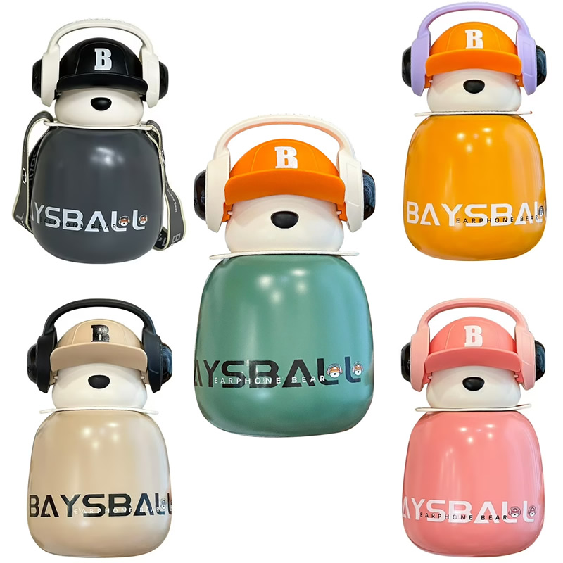 فلاسک استیل 460 میل نی دار طرح خرس هدفون دار Baysball