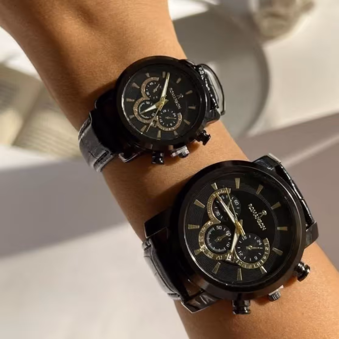 ست ساعت رومانسون بند چرم با قفل سگکی قاب طلایی سه موتوره 