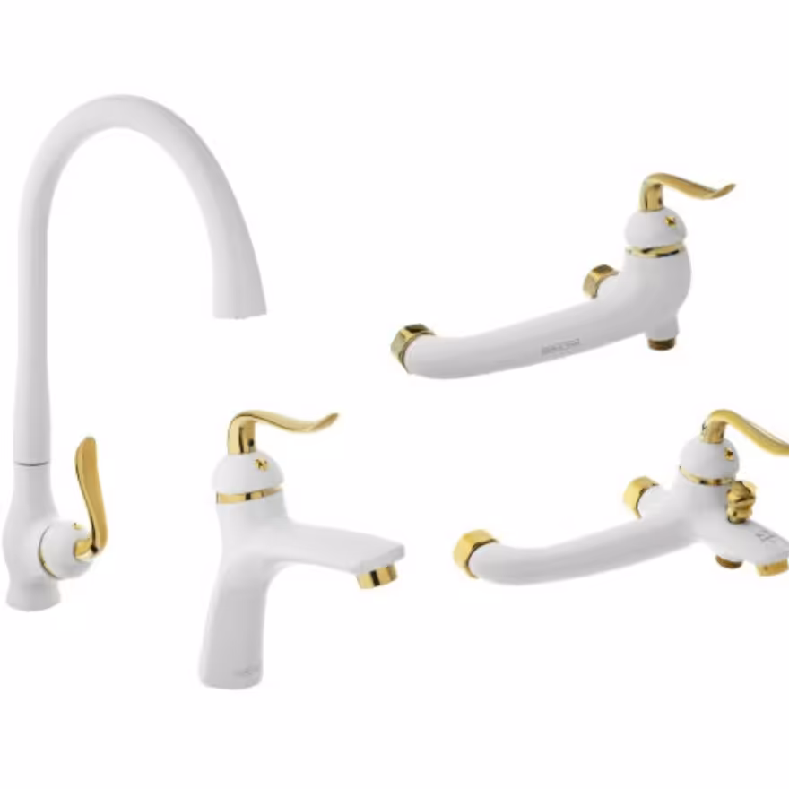 ست 4 تیکه شیرآلات اهرمی  سفید طلایی  ( طرح خاص و زیبا )