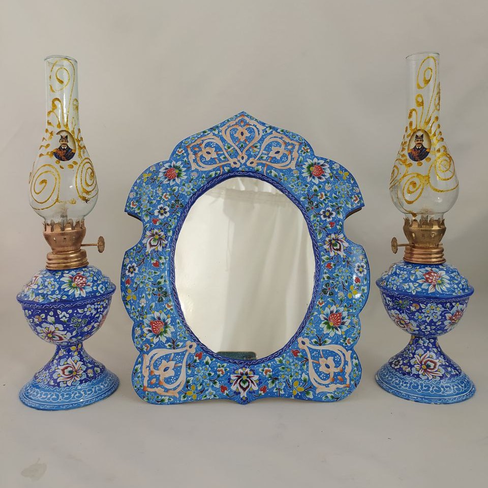 ست آینه و چراغ نفتی میناکاری